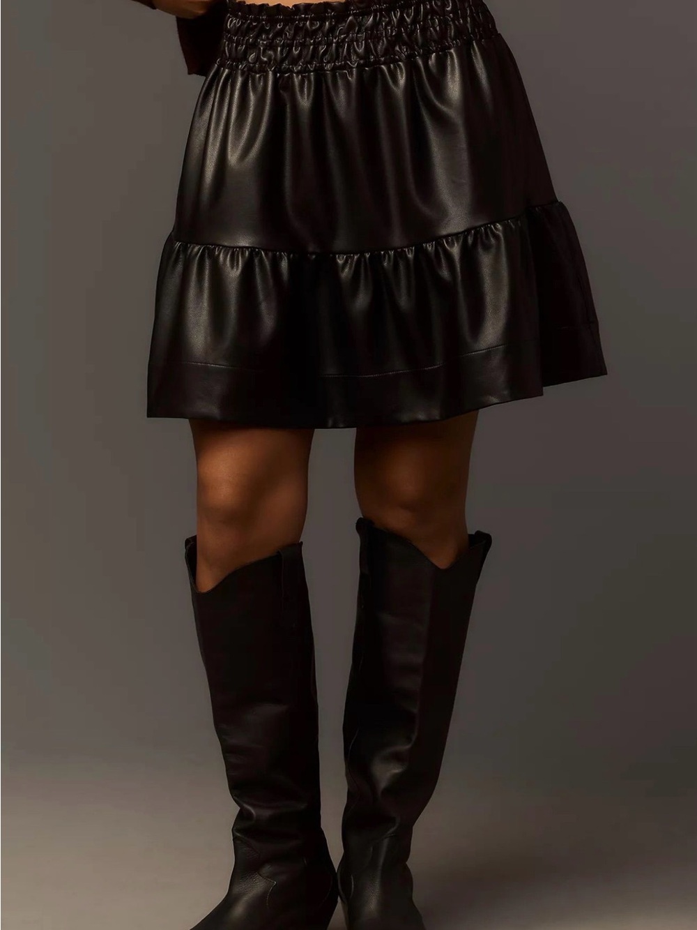 Anthropologie Black Faux Leather Tiered Mini Skirt